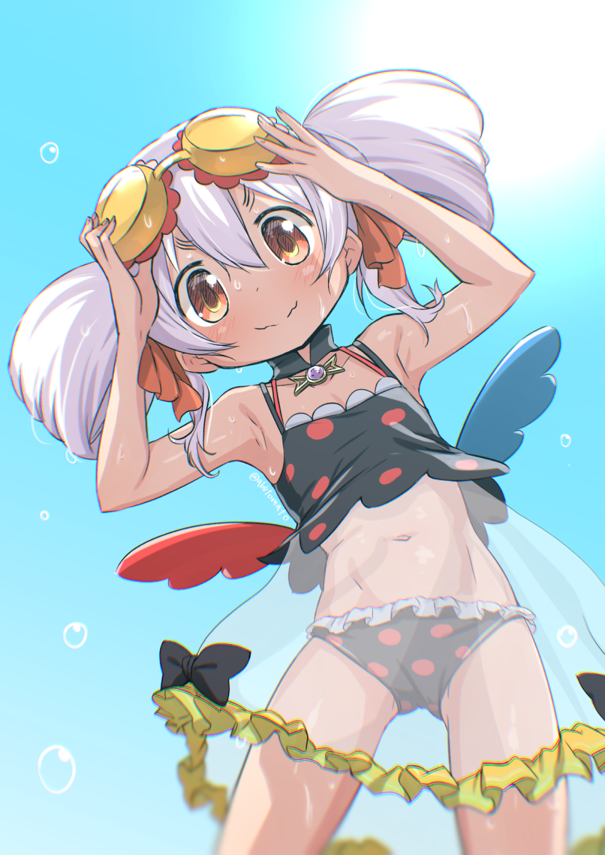 1girl abutomato arm_up asymmetrical_wings bare_shoulders bikini black_bikini black_bow black_collar blush bow brown_eyes collar collarbone commentary cowboy_shot day detached_collar dress fake_wings flat_chest frills hair_between_eyes highres holding holding_removed_eyewear long_hair looking_at_viewer magia_record:_mahou_shoujo_madoka_magica_gaiden mahou_shoujo_madoka_magica midriff mismatched_wings momoe_nagisa momoe_nagisa_(swimsuit_ver.) navel polka_dot polka_dot_bikini ribbon ringed_eyes see-through_clothes see-through_dress sky smile solo soul_gem standing stomach sun sun_glare swimsuit tankini twintails unworn_eyewear water_drop wavy_mouth white_hair wings