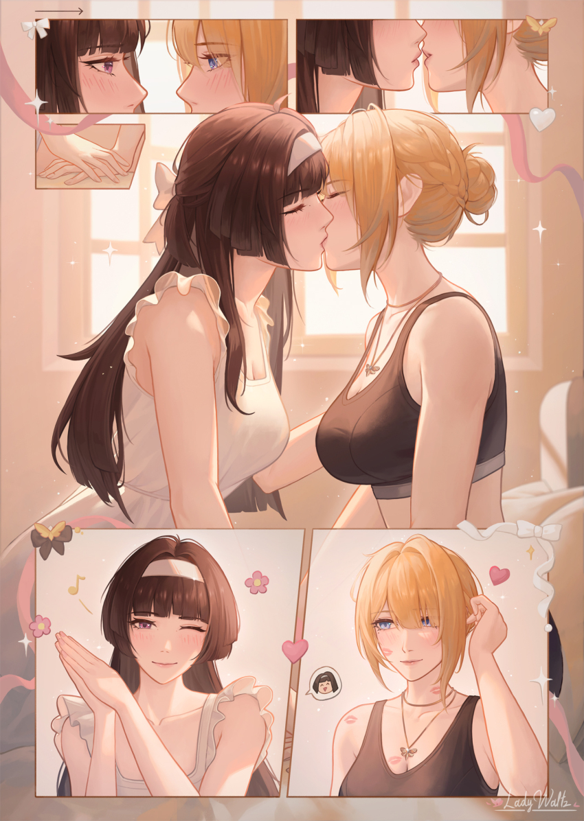 2girls alternate_costume astra_yao black_hair black_sports_bra blonde_hair breasts closed_mouth collarbone commentary dress english_commentary evelyn_chevalier eye_contact hairband hand_up heart highres indoors jewelry ladywaltz large_breasts lipstick_mark lipstick_mark_on_breast lipstick_mark_on_shoulder long_hair looking_at_another multiple_girls musical_note necklace one_eye_closed own_hands_together short_hair sidelocks signature smile sports_bra white_dress white_hairband yuri zenless_zone_zero