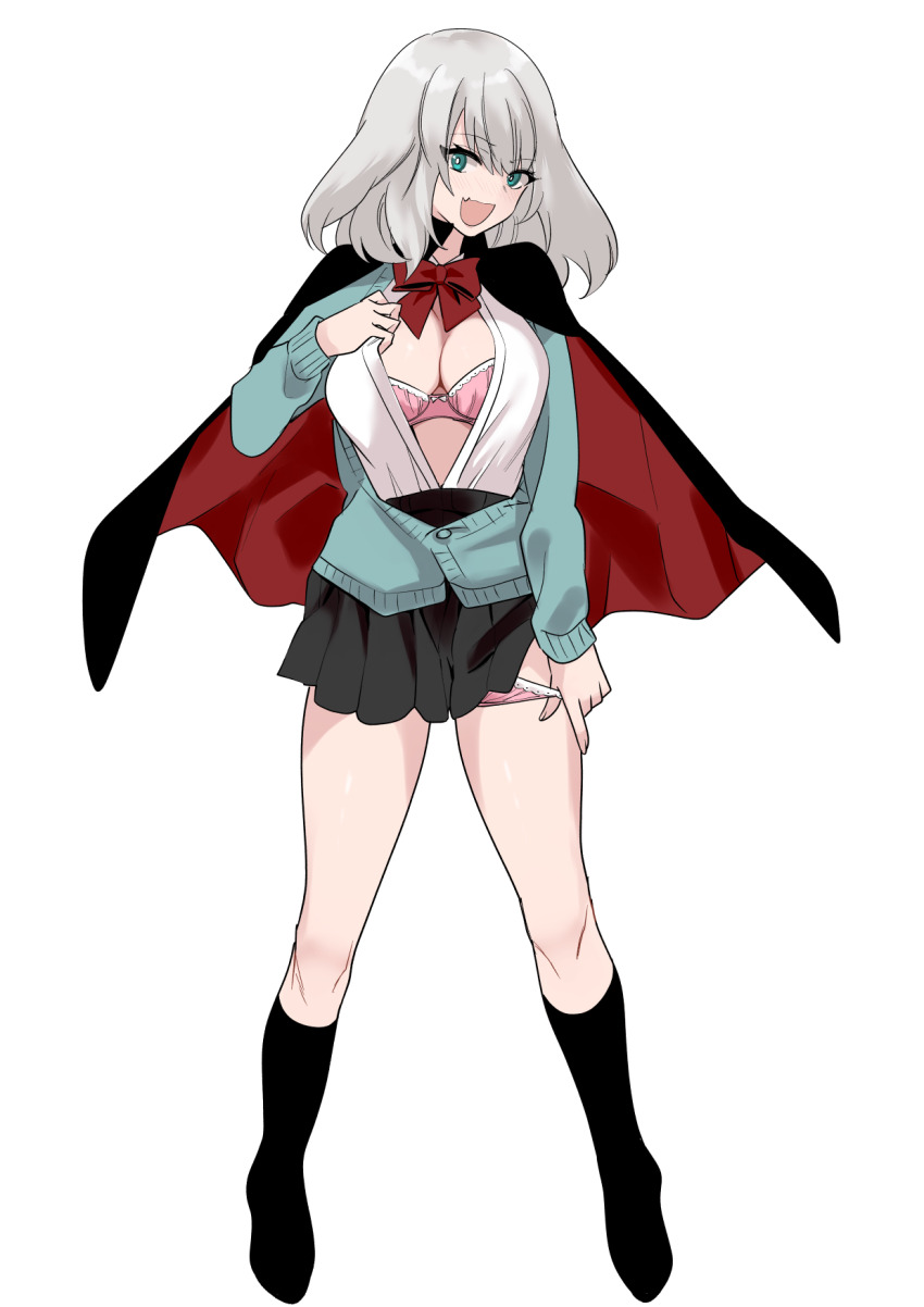 1girl :d aqua_cardigan azu_(azu401) black_cape black_hat black_socks bow bowtie bra breasts cape cardigan fang full_body green_eyes grey_hair hat highres large_breasts long_sleeves looking_at_viewer magician medium_hair miniskirt multicolored_cape no_shoes open_cardigan open_clothes open_mouth open_shirt panties panty_pull pink_bra pink_panties pleated_skirt pulling_own_clothes red_bow red_bowtie school_uniform simple_background skin_fang skirt smile socks solo tejina_senpai tejina_senpai_(series) underwear white_background