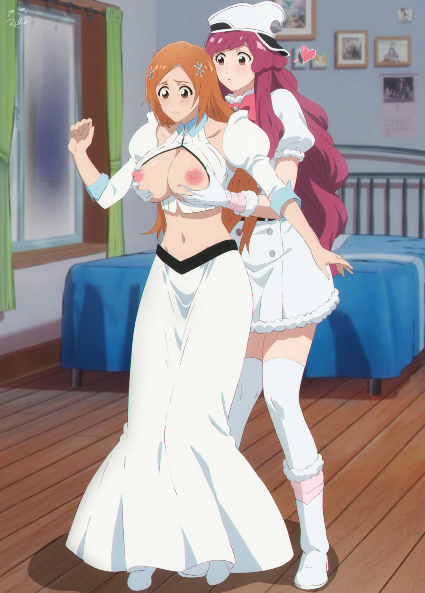 2girls absurdres bedroom bleach bleach:_sennen_kessen-hen boots bow bowtie breasts breasts_out brown_eyes cleavage cleavage_cutout clothing_cutout collarbone detached_sleeves gloves grabbing_another&#039;s_breast groping hair_ornament hairclip hat highres inoue_orihime knee_boots large_breasts long_hair long_skirt meninas_mcallon military_hat military_uniform multiple_girls nipples orange_hair purple_hair quincy_(bleach) rikka_(rikkaarts) skirt sternritter thighhighs white_gloves white_thighhighs window