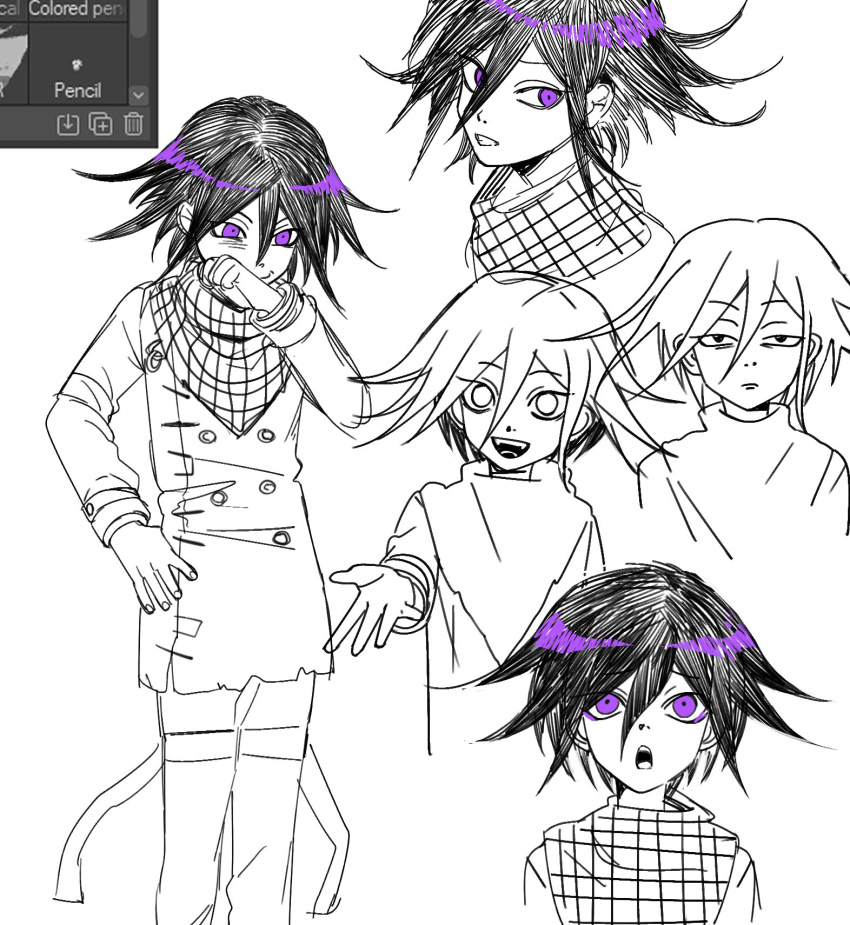 1boy :d :o art_program_in_frame black_hair buttons commentary danganronpa_(series) danganronpa_v3:_killing_harmony double-breasted multiple_expressions fangs feet_out_of_frame flipped_hair hair_between_eyes highres jacket long_sleeves male_focus miri_(bossu_osu) multiple_views neckerchief oma_kokichi open_mouth pants plaid_clothes plaid_neckerchief purple_eyes smile spot_color teeth upper_teeth_only white_background