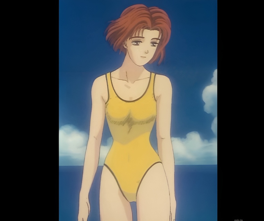 anime_screenshot breasts brown_eyes brown_hair cleavage highres initial_d medium_breasts mogi_natsuki official_art short_hair solo stitched swimsuit third-party_edit