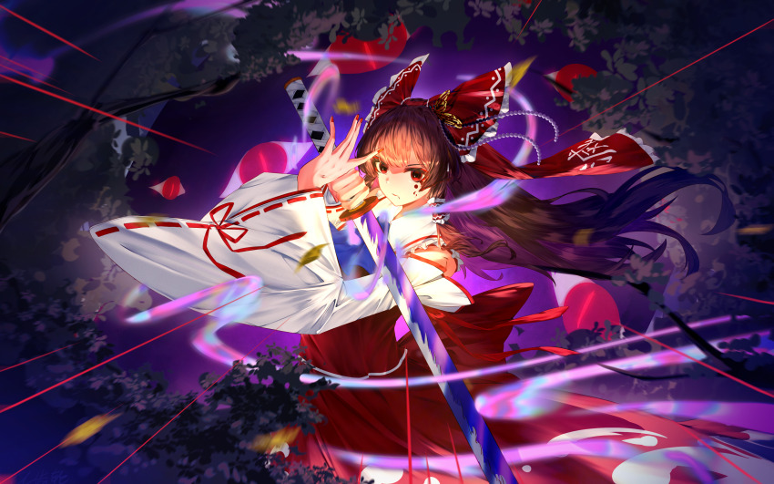 1girl absurdres bow brown_hair closed_mouth commentary commentary_request detached_sleeves english_commentary frilled_bow frilled_hair_tubes frills gap_(touhou) hair_bow hair_tubes hakurei_reimu highres holding holding_sword holding_weapon katana long_hair looking_at_viewer making-of_available mixed-language_commentary ox-gear-xo red_bow red_eyes red_skirt ribbon-trimmed_sleeves ribbon_trim skirt skirt_set solo sword touhou very_long_hair weapon