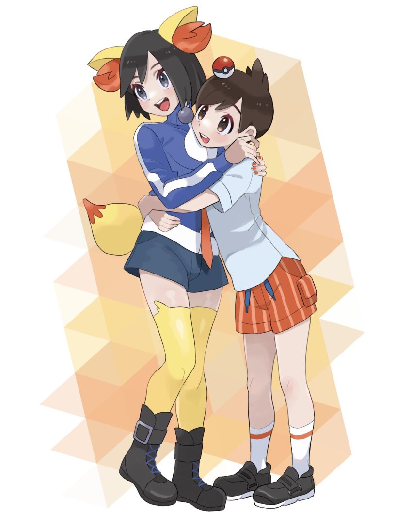 2boys :d adapted_costume blue_jacket boots brown_eyes brown_hair calem_(pokemon) commentary cosplay creatures_(company) eyelashes fennekin fennekin_(cosplay) florian_(pokemon) game_freak gen_6_pokemon grey_eyes highres hug jacket male_focus multiple_boys nail_polish nintendo open_mouth orange_nails orange_shorts poke_ball poke_ball_(basic) pokemon animal_ears pokemon_sv pokemon_tail pokemon_xy sana_(37pisana) shirt shoes short_hair shorts smile socks standing symbol-only_commentary tail teeth thighhighs tongue turtleneck turtleneck_jacket upper_teeth_only white_shirt white_socks yellow_thighhighs