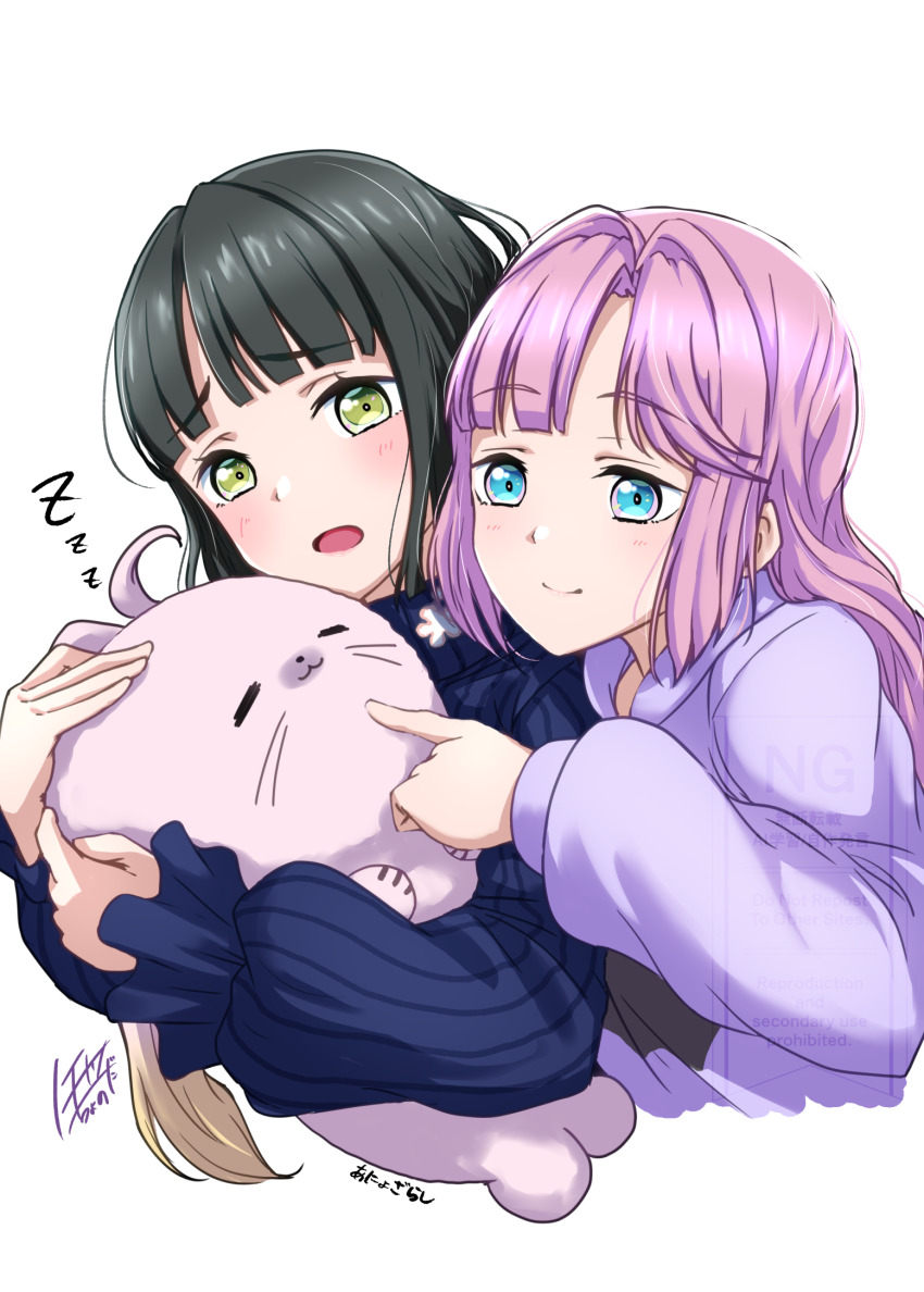 2girls :3 animal animalization anyoji_hime anyoji_hime_(winter_loungewear) black_hair blonde_hair blue_eyes blue_sweater blunt_bangs blush character_name closed_mouth commentary_request curtained_hair dual_persona gradient_hair green_eyes hair_intakes highres holding holding_animal hood hoodie link!_like!_love_live! long_hair long_sleeves love_live! momose_ginko momose_ginko_(winter_loungewear) multicolored_hair multiple_girls noochan_chonoda partial_commentary person_and_animalization pink_hair pinstripe_sweater poking purple_hoodie raised_inner_eyebrows seal_(animal) short_hair signature simple_background sleeping_animal smile sweater watermark white_background zzz