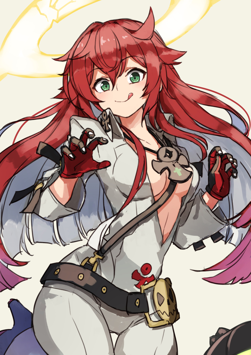1girl :q absurdres ankh_necklace belt bodysuit breasts claw_pose colored_inner_hair gazacy_(dai) gloves green_eyes guilty_gear guilty_gear_strive halo high_heels highres jack-o&#039;_valentine long_hair looking_at_viewer medium_breasts multicolored_hair red_gloves red_hair simple_background smile solo thigh_gap tongue tongue_out