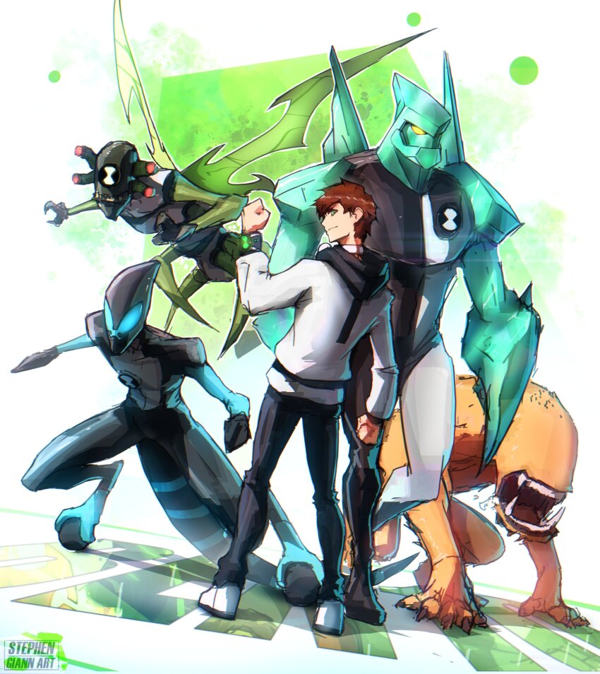 1boy absurdres alien artist_name ben_10 ben_tennyson black_pants brown_hair closed_mouth diamondhead green_eyes highres hood hood_down hooded_jacket jacket male_focus no_eyes omnitrix pants smile stephengiannart stinkfly white_jacket wildmutt xlr8
