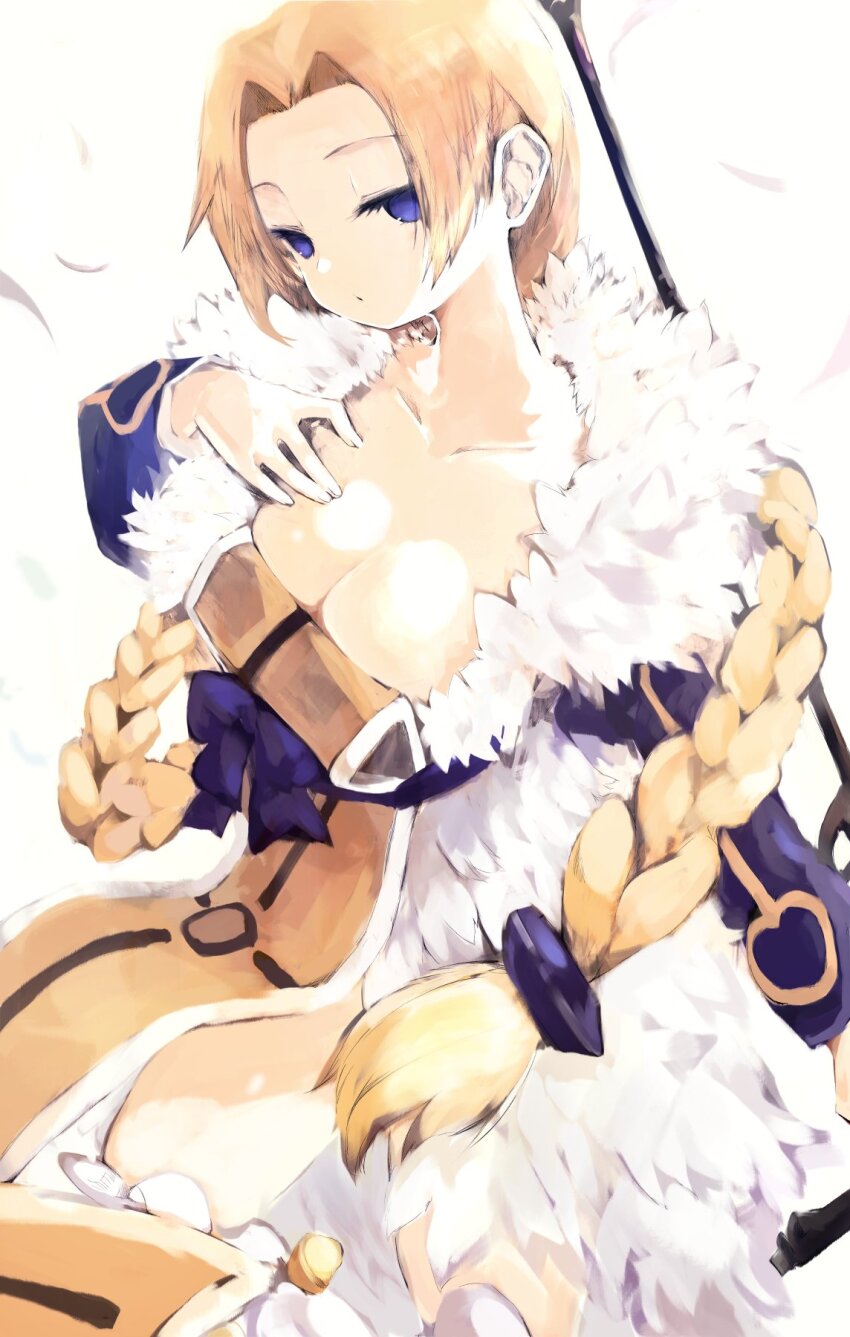 1girl angel blonde_hair blue_bow blue_eyes blue_sleeves bow braid breasts cleavage disgaea feather_dress female_angel_(disgaea) hand_on_own_chest heart highres large_breasts long_hair thighs tsutsugano white_background yellow_tabard