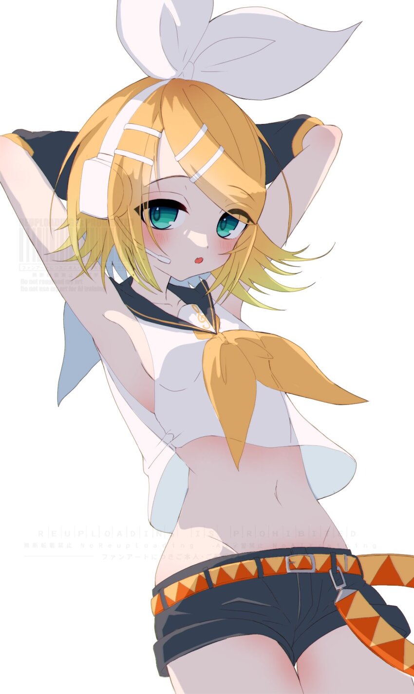 1girl aqua_eyes armpits arms_behind_back arms_up belt belt_buckle black_sailor_collar black_shorts black_sleeves blonde_hair blush bow breasts buckle collarbone detached_sleeves hair_bow hair_ornament hairclip half-closed_eyes headphones headset highres kagamine_rin looking_at_viewer midriff narrow_waist navel neckerchief nnc225 open_mouth orange_belt pale_skin sailor_collar see-through_clothes see-through_silhouette short_hair short_shorts shorts sideboob sideways_glance skinny small_breasts solo swept_bangs treble_clef two-tone_belt vocaloid white_bow yellow_belt yellow_neckerchief