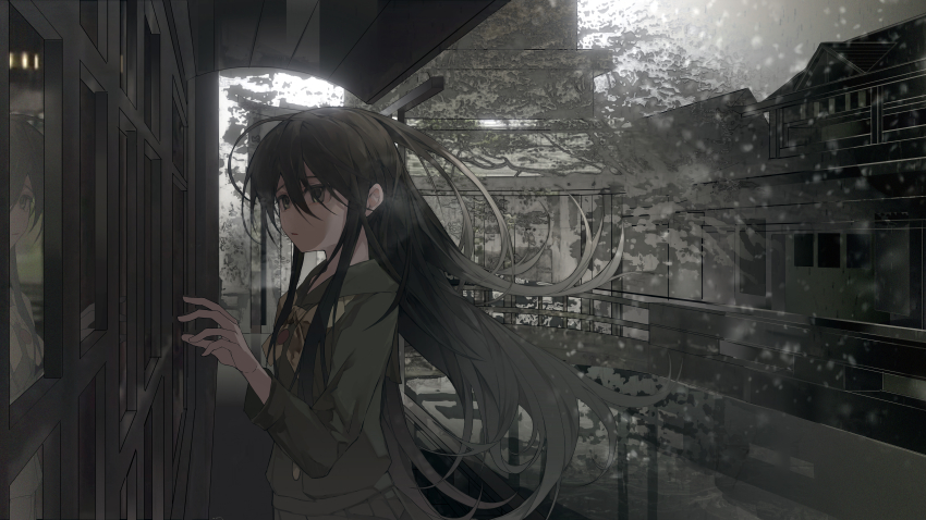 1girl absurdres architecture black_hair black_skirt bridge building commentary cowboy_shot east_asian_architecture from_side grey_eyes grey_jacket hand_up highres jacket long_hair long_sleeves misaki_high_school_uniform neckerchief outdoors parted_lips reaching reflection school_uniform shakugan_no_shana shana skirt snowing solo standing water winter_uniform yellow_neckerchief zadun