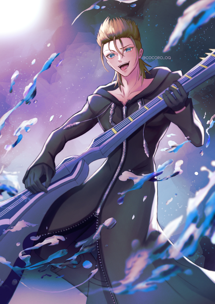 1boy absurdres black_boots black_coat black_coat_(kingdom_hearts) black_gloves blonde_hair blue_eyes boots coat cocoro_oq demyx gloves highres holding holding_instrument hood hood_down hooded_coat hydrokinesis instrument kingdom_hearts kingdom_hearts_ii looking_at_viewer music open_mouth playing_instrument sitar solo tongue tongue_out water