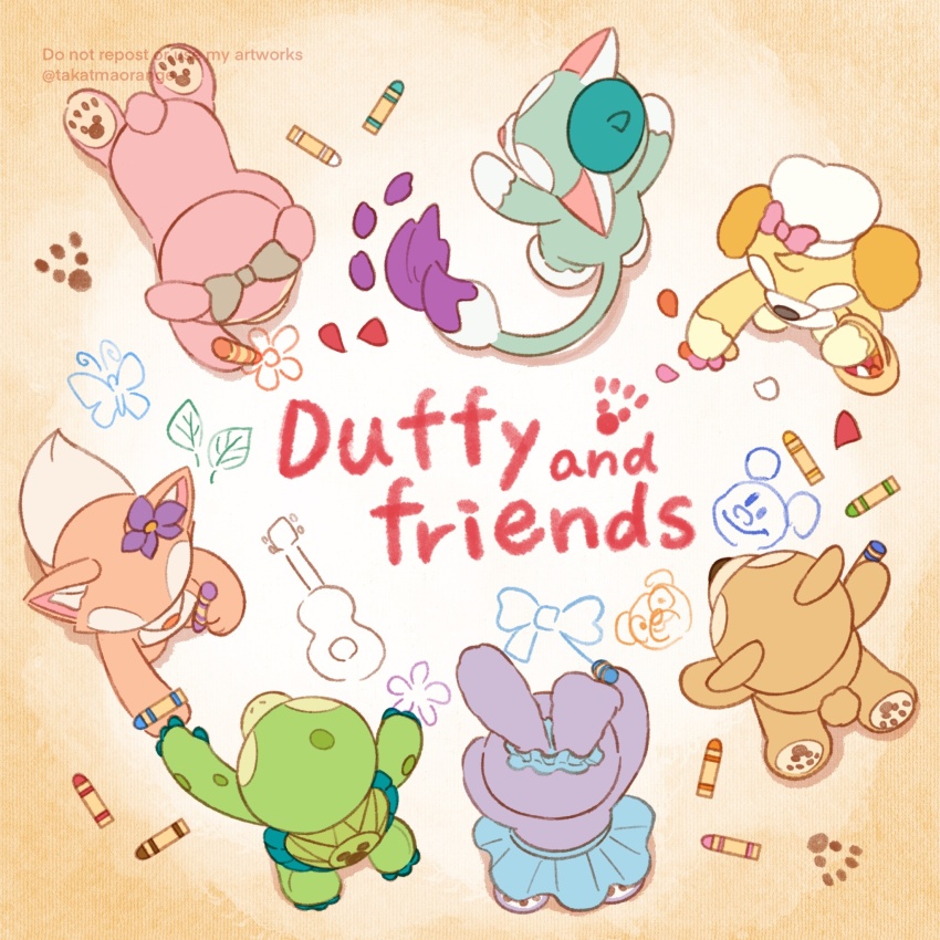 3boys 4girls animal_ears cookieann copyright_name crayon disneyland duffy_and_friends duffy_the_disney_bear fox_girl gelatoni highres linabell multiple_boys multiple_girls no_humans olu_mel rabbit_ears rabbit_girl shelliemay smile stellalou takatmaorange turtle_boy