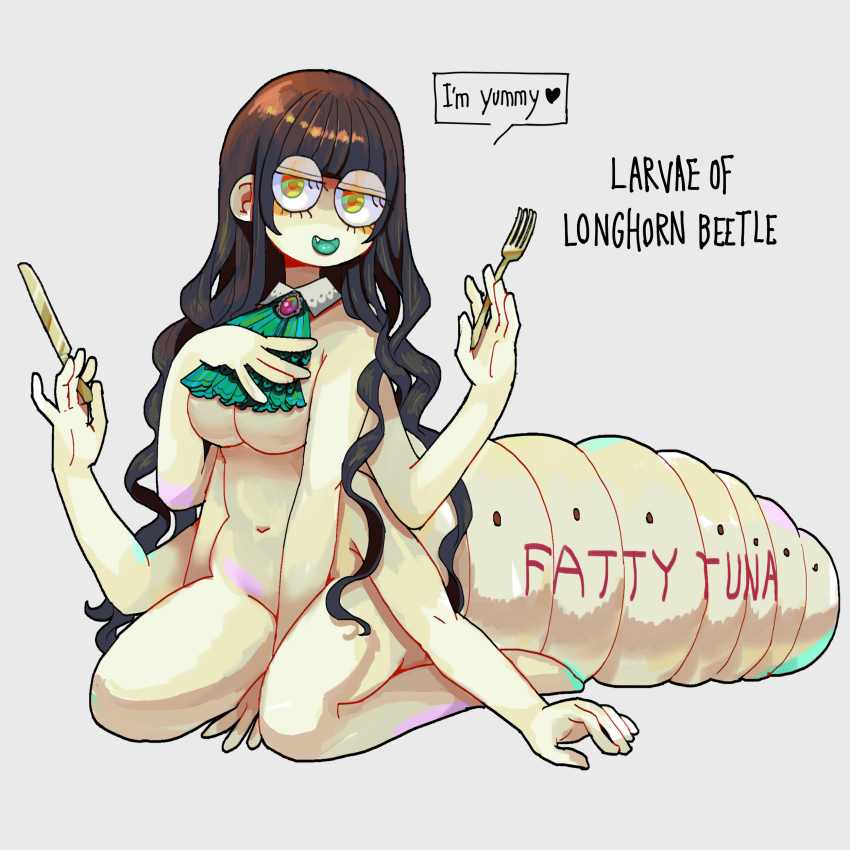 1girl absurdres arthropod_girl arthropod_tail ascot brown_hair commentary_request english_text extra_arms fork full_body green_ascot grey_background hand_on_own_chest highres holding holding_fork holding_knife knife larva long_hair looking_at_viewer monster_girl nicoq_(koikoihaihai) nude original simple_background solo very_long_hair yellow_eyes