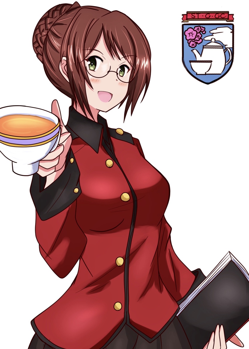 1girl black_collar black_skirt book braid brown_hair collar cup emblem girls_und_panzer glasses green_eyes highres holding holding_book holding_cup jacket meiya nilgiri_(girls_und_panzer) open_mouth pleated_skirt red_jacket round_eyewear skirt smile st._gloriana&#039;s_(emblem) st._gloriana&#039;s_military_uniform teacup white_background
