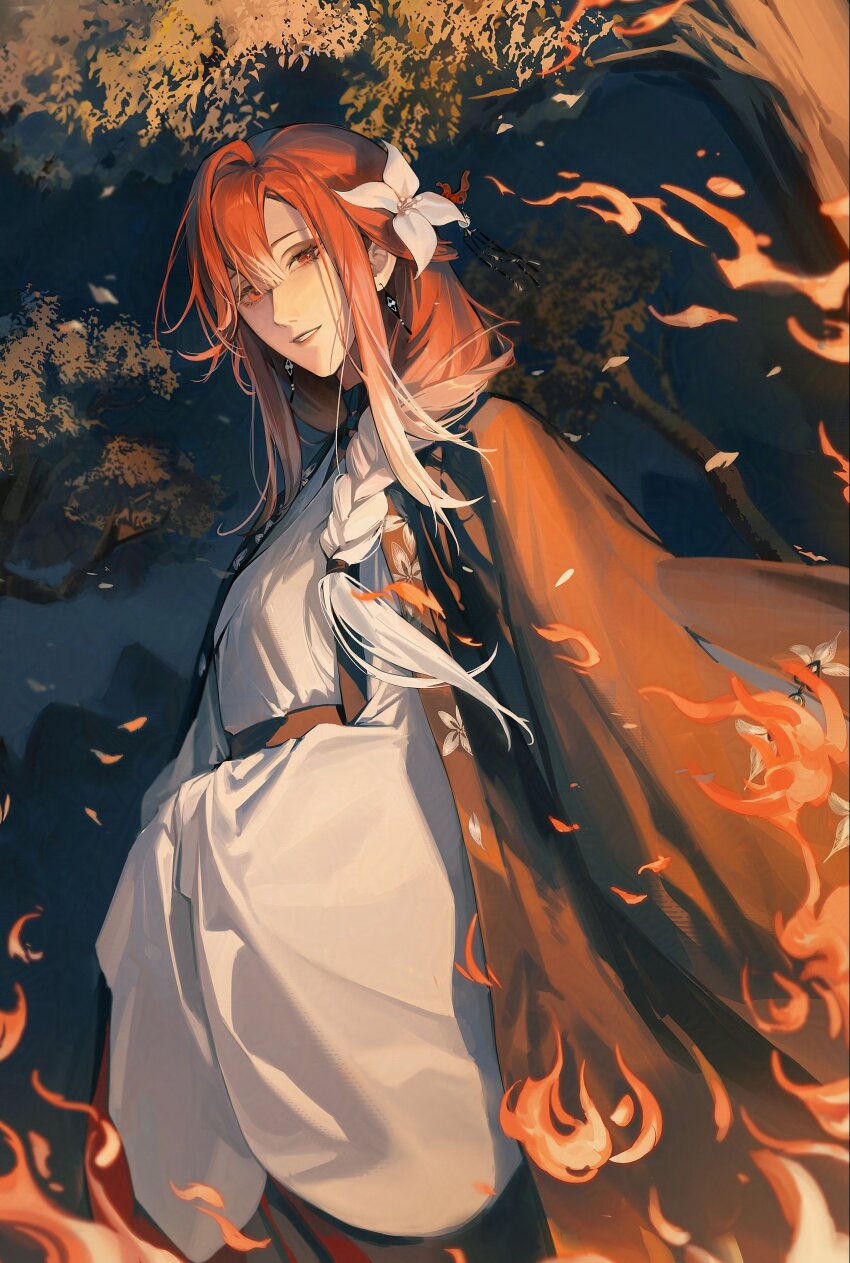 1girl absurdres braid braided_ponytail chinese_clothes cowboy_shot fire flower gradient_hair hair_flower hair_ornament hair_over_shoulder highres houraisan_chouko looking_at_viewer low_ponytail multicolored_hair path_to_nowhere ponytail shalom_(path_to_nowhere) solo standing tree