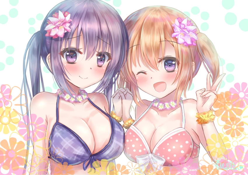 2girls ;d absurdres bikini blonde_hair breasts choker cleavage collarbone flower front-tie_bikini_top front-tie_top gochuumon_wa_usagi_desu_ka? hair_between_eyes hair_flower hair_ornament highres holding_hands hoto_cocoa interlocked_fingers long_hair looking_at_viewer martinreaction medium_breasts multiple_girls one_eye_closed open_mouth pink_bikini pink_flower polka_dot polka_dot_bikini polka_dot_bikini_top purple_bikini purple_eyes purple_hair purple_ribbon ribbon signature smile swimsuit tedeza_rize twintails upper_body white_ribbon