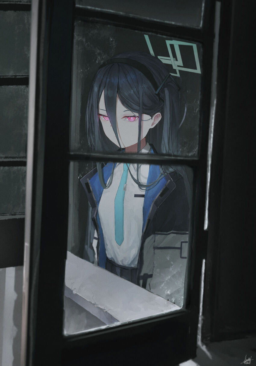 1girl absurdres aris_(blue_archive) black_hair black_hairband black_skirt blue_archive blue_necktie hair_behind_ear hair_between_eyes hairband highres jacket kei_(blue_archive) kyatto-mikazu long_hair looking_at_viewer multicolored_jacket necktie one_side_up red_eyes shirt sidelocks skirt white_shirt