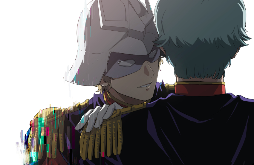 2boys blonde_hair challia_bull char_aznable commentary english_commentary epaulettes from_behind glitch gloves green_hair grin gundam gundam_gquuuuuux hand_on_another&#039;s_shoulder helmet high_collar highres looking_at_another male_focus mask military_uniform multiple_boys nvig00 short_hair simple_background smile smirk upper_body white_background white_gloves white_helmet