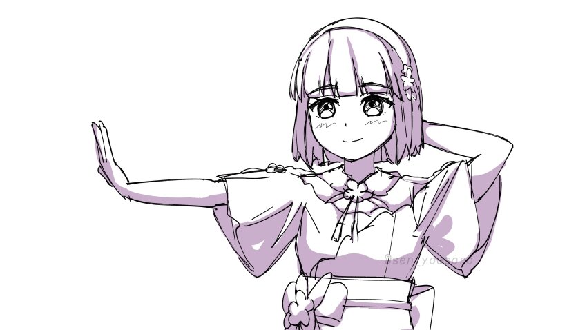 1girl absurdres aoku_haruka/flower arm_behind_head arms_up blunt_bangs blunt_ends blush bob_cut breasts closed_mouth dancing dress flower greyscale hair_flower hair_ornament hairband haji_wa_jinsei_no_kakisute highres link!_like!_love_live! love_live! medium_breasts momose_ginko monochrome obi obijime official_alternate_costume outstretched_arm sash sen_yousoro short_hair short_sleeves simple_background smile solo split_mouth twitter_username upper_body virtual_youtuber white_background