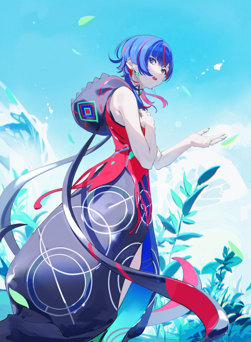 1girl absurdres aqua_nails bare_arms bare_shoulders blue_eyes blue_hair blue_sky boots bright_pupils choker circle_print coat commentary_request diamond_choker diamond_earrings earrings falling_leaves from_side hand_on_own_chest highres hood hood_down hooded_coat jewelry kamitsubaki_studio leaf looking_at_viewer multicolored_coat multicolored_hair nail_polish official_art open_hand open_mouth plant red_hair rim_(kamitsubaki_studio) ritao_kamo sky sleeveless sleeveless_coat solo teeth two-sided_coat two-sided_fabric two-tone_hair upper_teeth_only very_long_coat virtual_youtuber