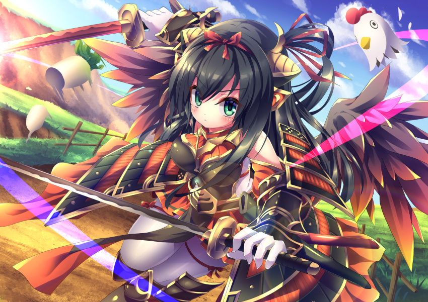 armor armored_dress bare_shoulders black_hair black_wings blue_sky breasts dress dual_wielding emil_chronicle_online green_eyes hair_ornament hair_ribbon highres holding houou_alma japanese_armor katana large_breasts long_hair ribbon shin_guards sky sword thighhighs thighs weapon white_thighhighs wings yupi828