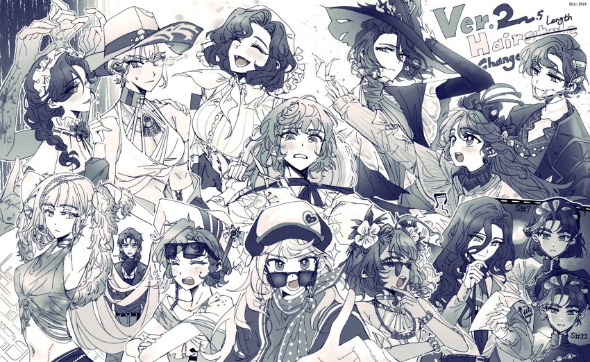 1boy 6+girls alternate_hair_length alternate_hairstyle anjo_nala argus_(reverse:1999) barcarola_(reverse:1999) braces newsboy_cap cowboy_hat crooked_eyewear cutting_hair cutting_own_hair eyewear_on_head fatutu flower flutterpage greyscale hair_flower hair_ornament hand_up hat highres holding holding_paper holding_scissors j_(reverse:1999) kim_8thhh liang_yue_(reverse:1999) long_braid long_hair looking_at_viewer lopera_(reverse:1999) mercuria_(reverse:1999) monochrome multiple_girls noire_(reverse:1999) open_mouth outstretched_hand paper regulus_(reverse:1999) reverse:1999 scissors short_hair smile sunglasses tooth_fairy_(reverse:1999) tuesday_(reverse:1999) willow_(reverse:1999) witch_hat