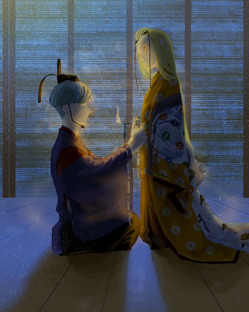 1boy 1girl bangs_pinned_back blonde_hair bowl_cut commentary_request dressing_another eieio006 fate/grand_order fate_(series) from_side grey_hair hat highres ibaraki_douji_(fate) japanese_clothes kimono kneeling long_hair looking_at_another profile seiza sitting watanabe_no_tsuna_(fate) yellow_eyes
