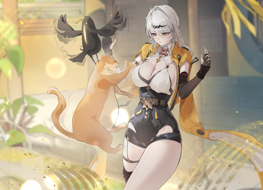 1girl absurdres asymmetrical_gloves bird black_bird black_gloves black_unitard breasts cat chinese_commentary commentary_request elbow_gloves fingerless_gloves gloves hair_ornament hairclip high-waist_shorts highres jacket large_breasts leo795 long_hair mole mole_on_chest orange_cat outdoors shorts single_elbow_glove single_thighhigh solo thighhighs white_hair yellow_eyes yellow_jacket yixuan_(zenless_zone_zero) zenless_zone_zero