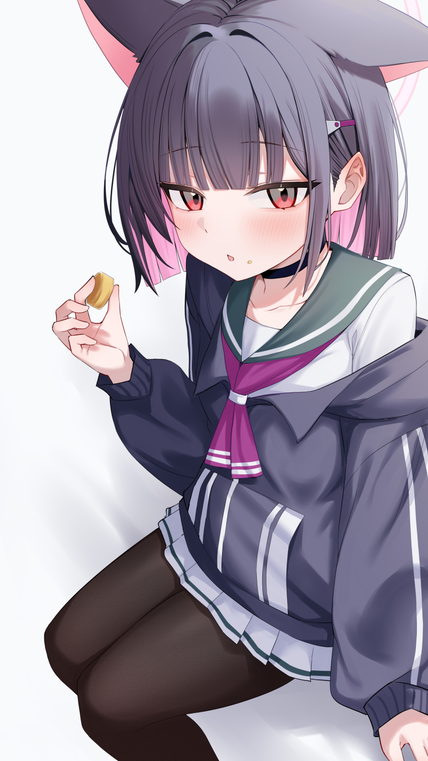 1girl absurdres animal_ears black_choker black_hair black_jacket black_pantyhose blue_archive blunt_bangs blunt_ends blush cat_ears cat_girl choker colored_inner_animal_ears colored_inner_hair commentary crumbs extra_ears food food_on_face green_sailor_collar hand_up highres holding holding_food jacket kazusa_(blue_archive) long_sleeves looking_at_viewer multicolored_hair neckerchief pantyhose pink_eyes pink_hair pink_neckerchief purple_neckerchief red_eyes sailor_collar school_uniform serafuku shirt short_hair simple_background sitting skirt solo two-tone_hair wendao white_background white_serafuku white_shirt white_skirt