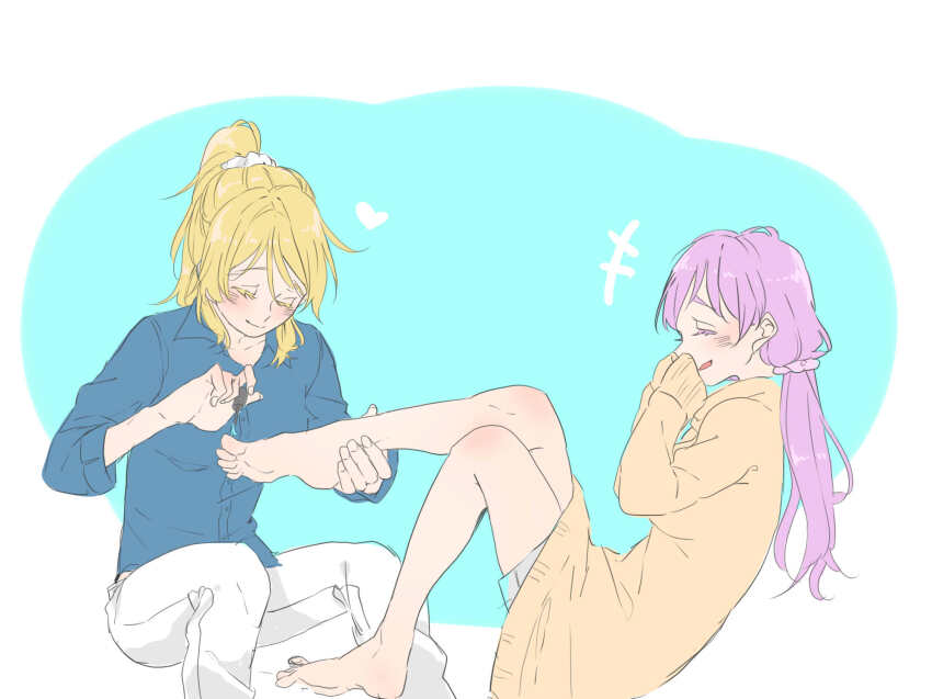 applying_pedicure ayase_eli bare_legs barefoot blonde_hair blue_shirt blush breasts brown_sweater closed_eyes closed_mouth collarbone collared_shirt commentary_request couple dress_shirt grey_shorts hair_ornament hair_scrunchie heart highres invisible_chair kashikaze long_hair long_sleeves love_live! love_live!_school_idol_project low_twintails medium_breasts medium_hair nail_polish nail_polish_brush open_mouth painting_toenails pants purple_hair purple_scrunchie scrunchie shirt shorts sitting sleeves_past_wrists small_breasts smile sweater toenail_polish toenails tojo_nozomi twintails white_pants white_scrunchie yuri