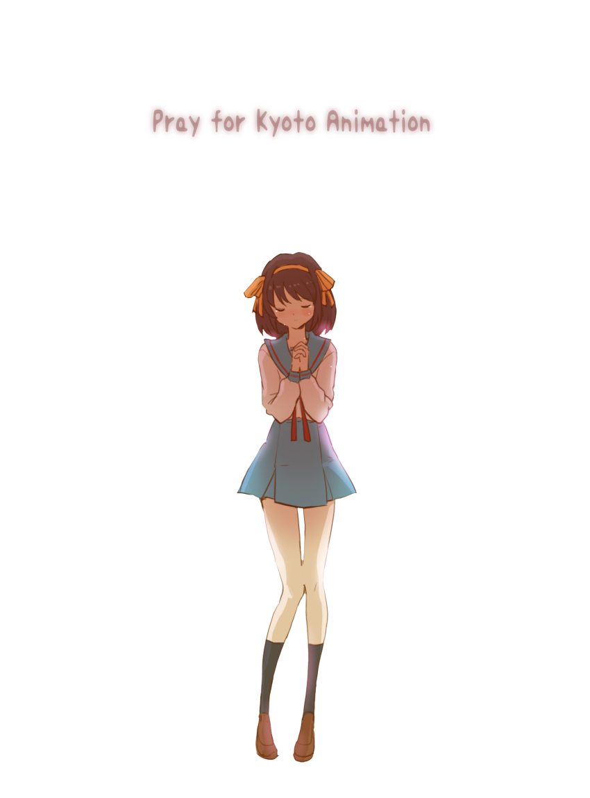 1girl black_socks blue_sailor_collar blue_skirt blush brown_footwear brown_hair closed_eyes crying english_text female_focus hair_ribbon hairband highres interlocked_fingers kita_high_school_uniform kneehighs kyoto_animation long_sleeves own_hands_clasped own_hands_together praying ribbon roonhee sailor_collar school_uniform serafuku shirt short_hair skirt socks solo standing suzumiya_haruhi suzumiya_haruhi_no_yuuutsu teardrop white_shirt