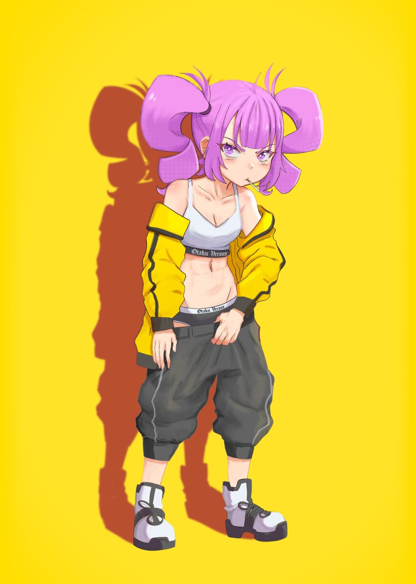 abs absurdres bra candy food groin highres looking_at_viewer otachan otachanshow pants purple_eyes purple_hair shadow simple_background source_request the_otachan_show underwear yellow_background