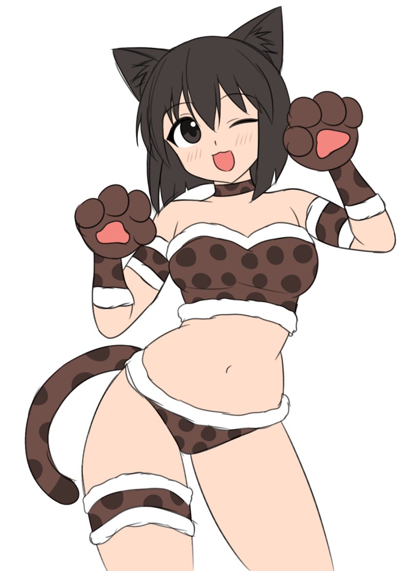 1girl 64vii :3 :d animal_ear_fluff animal_ears animal_hands armband azumanga_daiou bare_shoulders black_hair blunt_ends blush bob_cut breasts brown_armband brown_bustier brown_choker brown_eyes brown_gloves brown_panties cat_ears cat_girl choker commentary contrapposto cowboy_shot english_commentary gloves hair_between_eyes hands_up highres iriomote_cat kaori_(azumanga_daioh) kemonomimi_mode medium_breasts midriff navel one_eye_closed open_mouth panties paw_gloves paw_pose polka_dot polka_dot_bustier polka_dot_choker polka_dot_gloves polka_dot_panties short_hair simple_background smile solo spotted_tail tail thigh_strap underwear white_background white_trim
