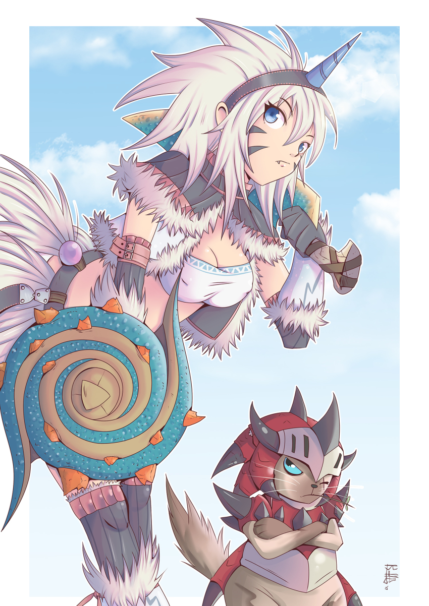 1girl angry armor bandeau bent_over black_gloves blue_eyes breasts cat cleavage covered_erect_nipples facepaint fang fang_out felyne fur_trim glaring gloves hairband highres horns kirin_(armor) medium_breasts midriff monster_hunter_(series) over_shoulder papermoon92 rathalos_(armor) scar scar_across_eye scar_on_face shield sideways_glance single_horn sky strapless sword thighhighs weapon weapon_over_shoulder white_hair