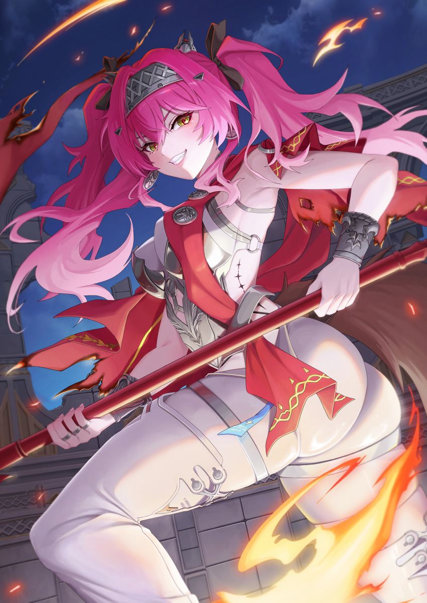 1girl absurdres armor ass bare_shoulders black_bow bodysuit boots bow breastplate breasts commentary earrings grin hair_bow hairband highres jewelry large_breasts long_hair looking_at_viewer lupa_(wuthering_waves) metal_hairband multiple_hair_bows naeaemgung pink_hair red_pupils red_sash sash smile solo tacet_mark_(wuthering_waves) thigh_boots twintails white_bodysuit white_boots wuthering_waves yellow_eyes