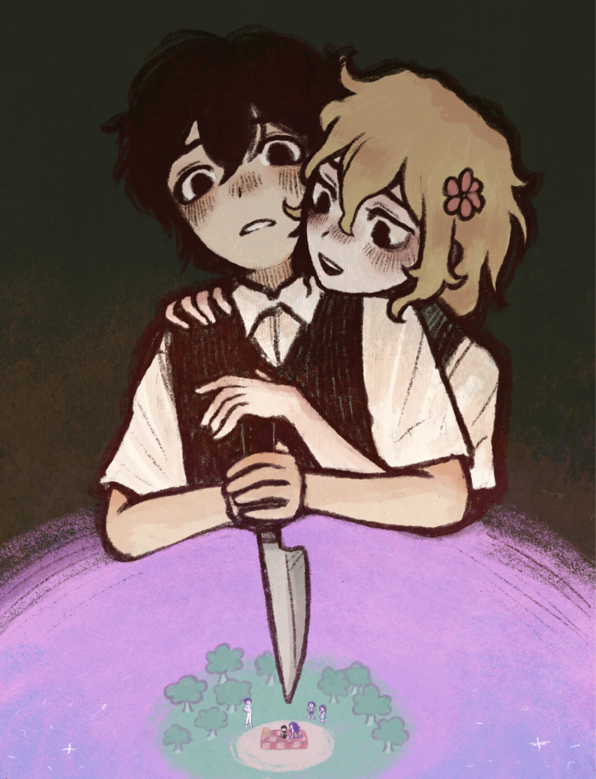 2girls 5boys aubrey_(headspace)_(omori) aubrey_(omori) basil_(faraway)_(omori) basil_(omori) black_eyes black_hair black_sweater_vest collared_shirt flower green_sweater_vest hair_flower hair_ornament hero_(headspace)_(omori) hero_(omori) highres holding holding_knife kel_(headspace)_(omori) kel_(omori) knife mari_(headspace)_(omori) mari_(omori) multiple_boys multiple_girls omori omori_(omori) open_mouth ottie_pops parted_lips purple_hair shirt short_hair sunny_(omori) sweater_vest teeth upper_teeth_only white_shirt