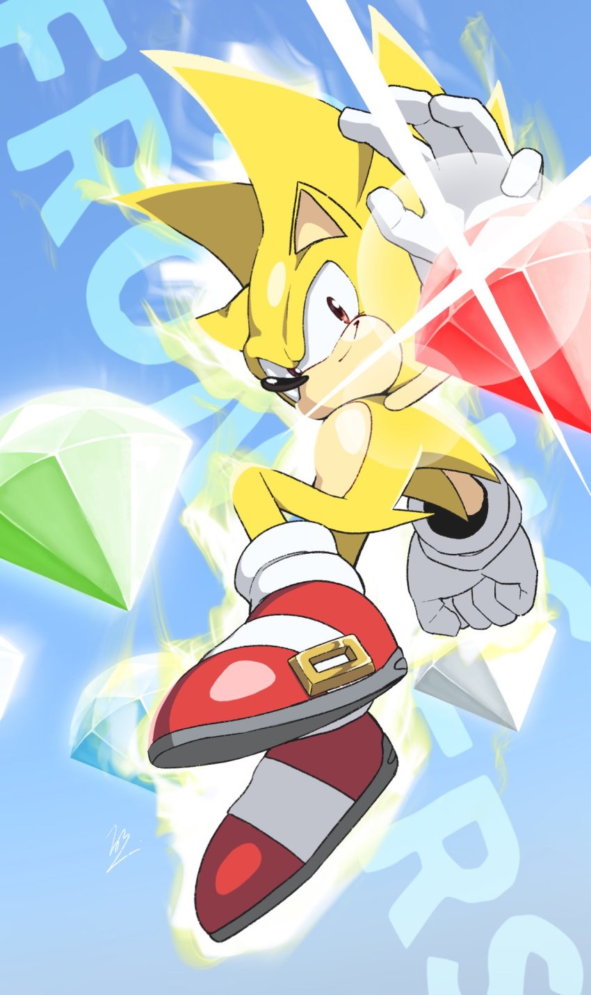 1boy animal_nose aura banel_springer chaos_emerald closed_mouth copyright_name floating full_body furry furry_male gloves highres looking_at_viewer male_focus shoes smile solo sonic_(series) sonic_frontiers sonic_the_hedgehog super_sonic white_gloves