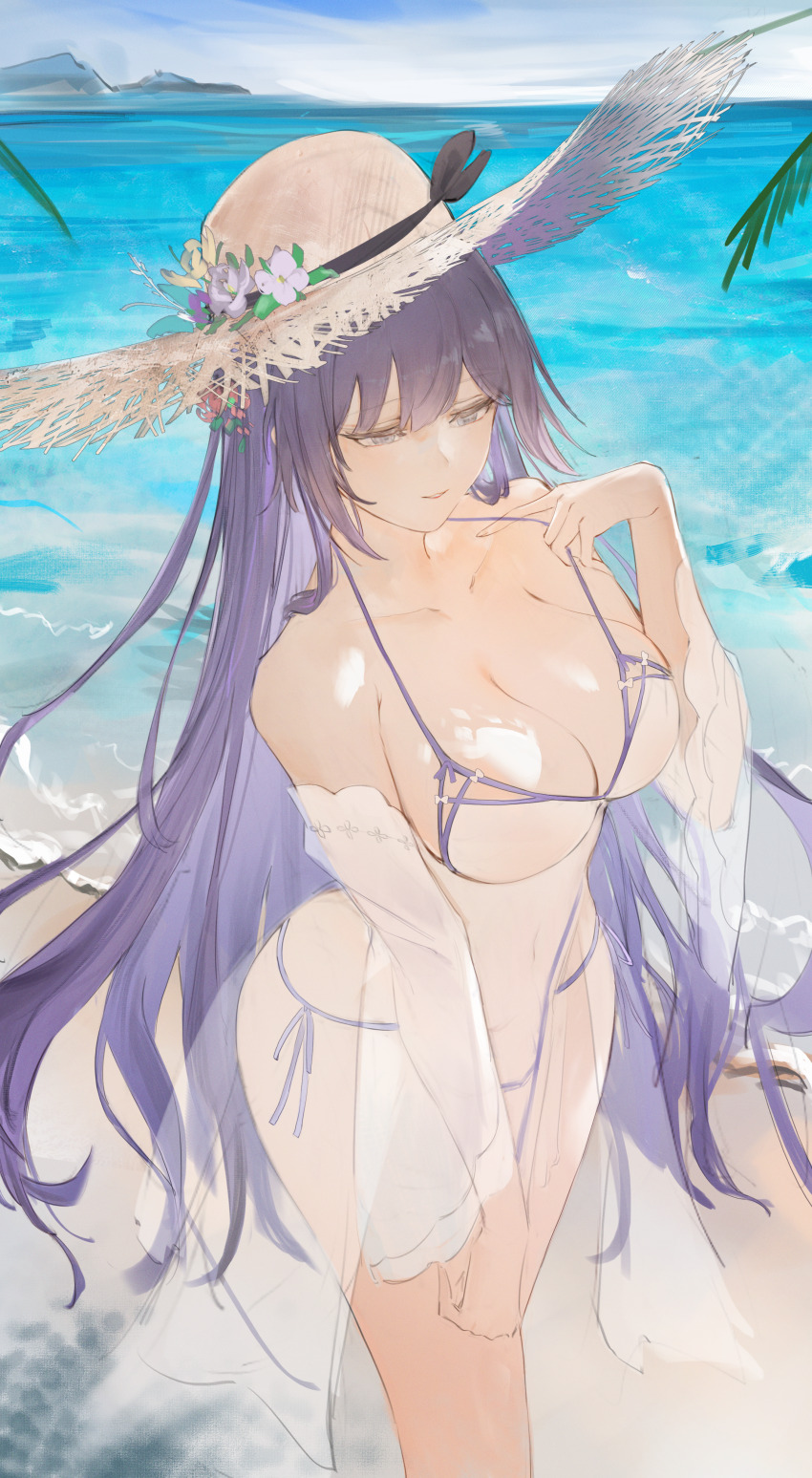 1girl absurdres azur_lane bikini bow bow_bikini breasts cleavage flantia flower hat hat_flower highres long_hair navel official_alternate_costume purple_bikini rodney_(azur_lane) rodney_(future_seaside_admiral)_(azur_lane) solo straw_hat sun_hat swimsuit white_bikini
