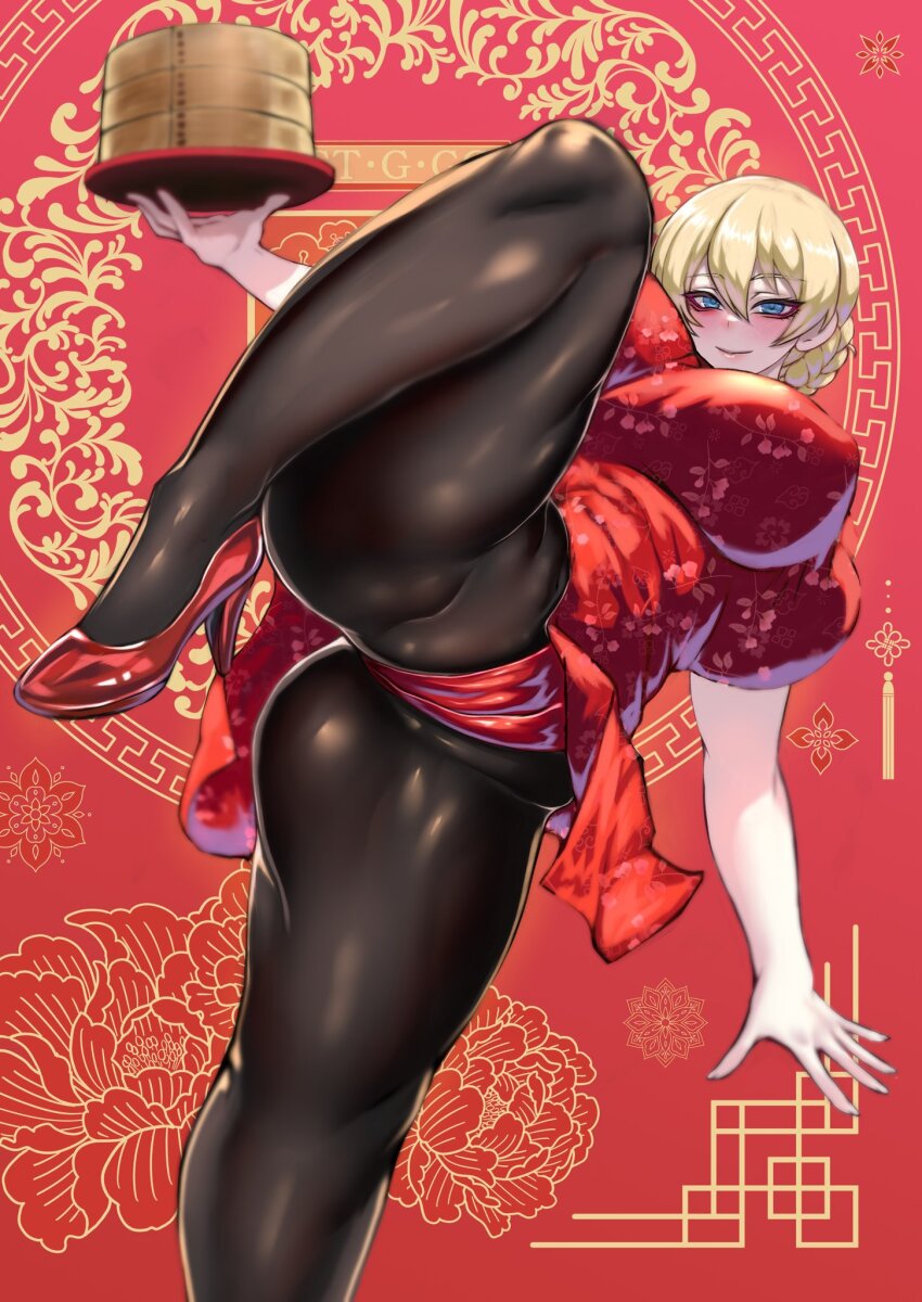 blonde_hair blue_eyes bougainvillea_(unnryuu) braid breasts china_dress chinese_clothes darjeeling_(girls_und_panzer) dress girls_und_panzer highres huge_breasts impossible_clothes impossible_dress nape_braid pantyhose red_background red_dress smile standing standing_on_one_leg thick_thighs thighs