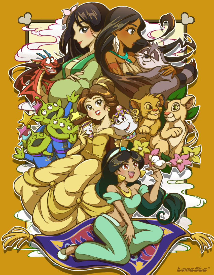 aladdin_(movie) alien alien_(toy_story) ame_(tameste) beauty_and_the_beast belle_(disney) black_hair brown_eyes chip_potts closed_eyes colored_skin cup dark-skinned_female dark_skin disney disney_princess dragon dress earrings extra_eyes fa_mulan_(disney) feather_earrings feathers flower green_skin highres jasmine_(disney) jewelry lion magic_carpet meeko_(disney) midriff mrs._potts mulan_(movie) multiple_girls mushu_(disney) nala_(the_lion_king) necklace open_mouth pink_flower pocahontas_(disney) pocahontas_(movie) raccoon simba teacup the_lion_king toy_story yellow_dress yellow_flower