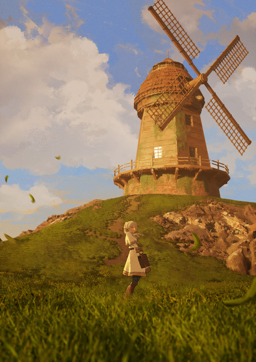1girl absurdres blue_sky building capelet cloud day elf falling_leaves field frieren fujidora_jp grass green_eyes highres holding holding_suitcase leaf lighthouse long_hair outdoors parted_bangs pointy_ears rock scenery sky solo sousou_no_frieren standing suitcase twintails white_capelet white_hair windmill