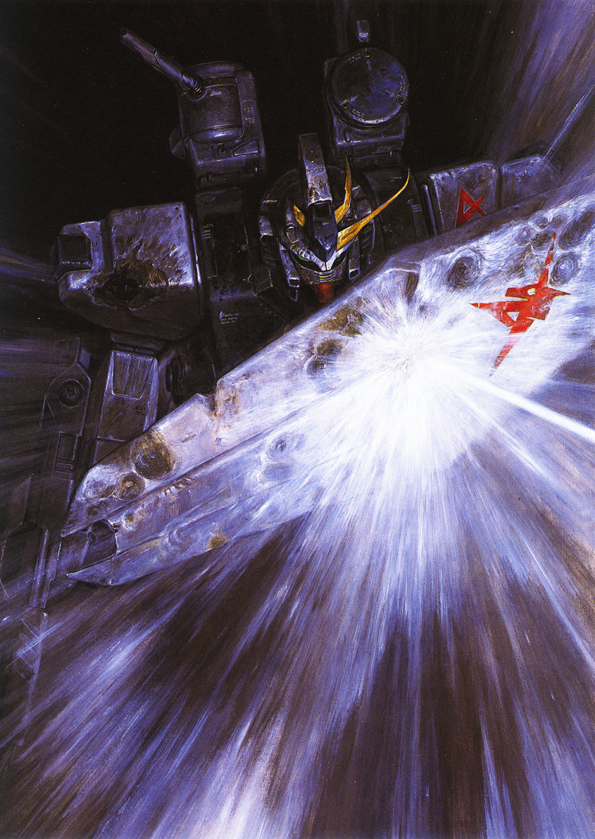 1980s_(style) anaheim_electronics battle beam_rifle bullet_hole char&#039;s_counterattack damaged dirty emblem energy energy_gun gundam highres katou_naoyuki machinery mecha mecha_focus mobile_suit no_humans nu_gundam official_art oldschool painting_(medium) production_art promotional_art realistic retro_artstyle robot scan science_fiction shield spoilers traditional_media unicorn v-fin weapon