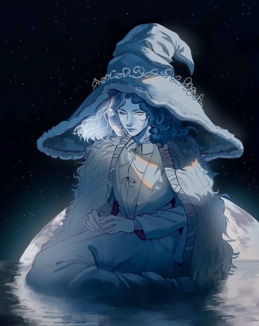 1girl absurdres andrei_(shidanasu) blue_hair blue_skin blue_theme cape cloak closed_mouth colored_skin cracked_skin elden_ring extra_faces fur_cape fur_cloak glowing glowing_tattoo hat highres in-universe_location large_hat long_hair looking_at_viewer moon one_eye_closed ranni_the_witch sitting solo tattoo water wavy_hair witch witch_hat yokozuwari