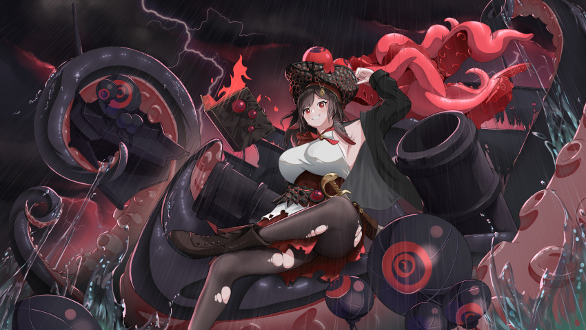 1girl absurdres arm_up azur_lane bjayers black_hair black_jacket boots breasts brown_boots brown_pantyhose cannon commentary corset cutlass english_commentary foot_out_of_frame hat highres jacket large_breasts lightning looking_at_viewer open_clothes open_jacket pantyhose pirate pirate_costume pirate_hat rain red_corset red_eyes royal_fortune_(azur_lane) sheath sheathed smile solo tentacle_hair tentacles torn_clothes torn_pantyhose water_drop