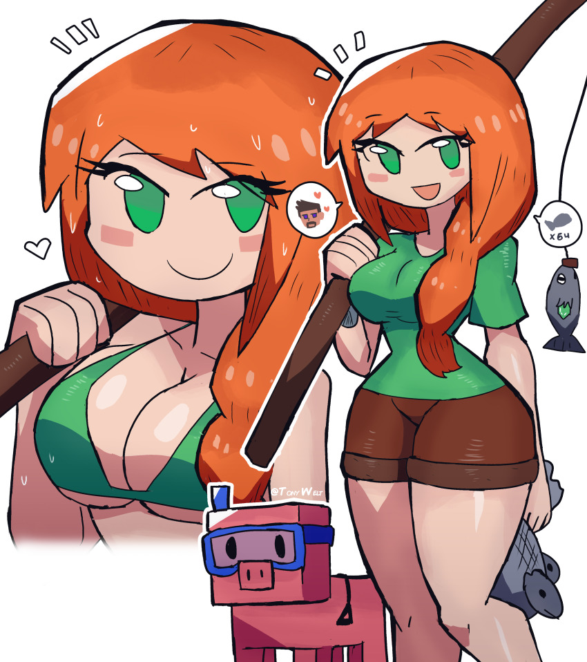 1girl absurdres alex_(minecraft) bikini fish fishing_rod green_bikini highres minecraft orange_hair pig_(minecraft) speech_bubble swimsuit tony_welt