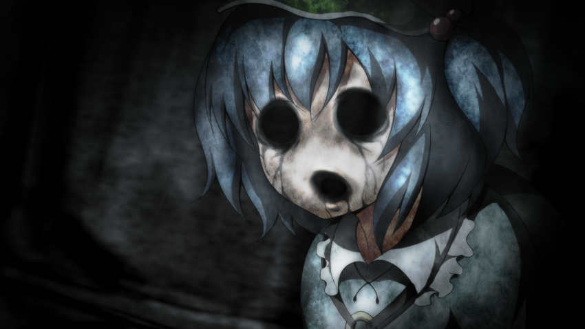 1girl blue_hair creepy enbanzyou female_focus hair_bobbles hair_ornament hangetsuban_sonshou hat highres horror_(theme) kawashiro_nitori key ningyo_numa no_eyes no_nose open_mouth portrait short_hair solo touhou two_side_up