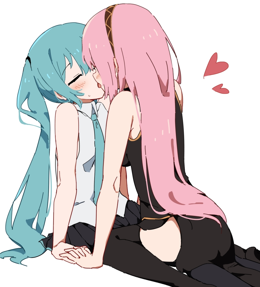2girls bare_arms black_shirt black_skirt black_thighhighs blue_necktie blush brown_hairband closed_eyes collared_shirt commentary_request french_kiss giryu hairband hatsune_miku heart highres kiss long_hair megurine_luka multiple_girls necktie pink_hair pleated_skirt shirt simple_background skirt sleeveless sleeveless_shirt thighhighs tongue tongue_out vocaloid white_background white_shirt yuri