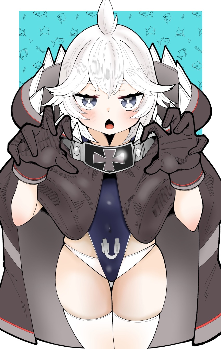 1girl absurdres azur_lane black_gloves border claw_pose covered_navel cross fang gloves hands_up highres iron_cross light_blush looking_at_viewer one-piece_swimsuit open_mouth outside_border short_hair skin_fang skindentation solo swimsuit tekitou_nimo_hodo_ga_aru thigh_gap thighhighs u-110_(azur_lane) white_border white_hair white_thighhighs