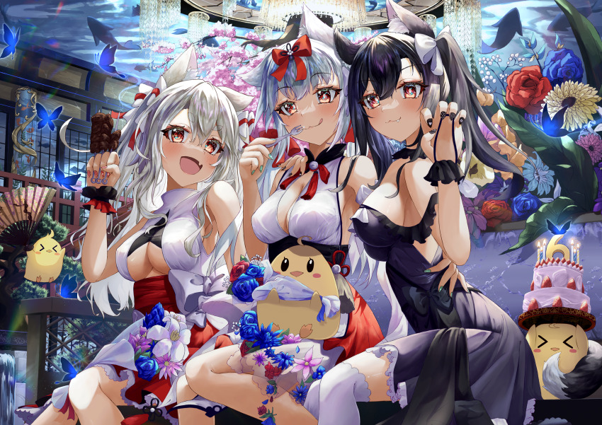 3girls absurdres alternate_costume animal_ear_fluff animal_ears anniversary azur_lane bare_shoulders birthday_cake black_dress black_hair black_nails blue_flower blue_rose bouquet breasts bug butterfly cake candle cat_ears chandelier cherry_blossoms cleavage dress eyelashes fang flower food fork green_nails grey_hair hair_ribbon hand_on_back highres insect large_breasts long_hair manjuu_(azur_lane) meat multiple_girls nail_polish official_alternate_costume paw_pose red_flower red_nails red_ribbon red_rose red_skirt ribbon rose shigure_(azur_lane) shigure_(the_ballroom&#039;s_lucky_star)_(azur_lane) side-by-side sideboob sitting skewer skirt sleeveless sleeveless_dress smile strawberry_cake tail thick_eyebrows thighhighs thighs tongue tongue_out underboob very_long_hair werewolf_kg white_dress white_ribbon white_thighhighs wolf_ears wolf_tail wrist_cuffs yukikaze_(azur_lane) yukikaze_(winter&#039;s_snowy_wind)_(azur_lane) yuudachi_(azur_lane) yuudachi_(carnivore_carnival!)_(azur_lane)
