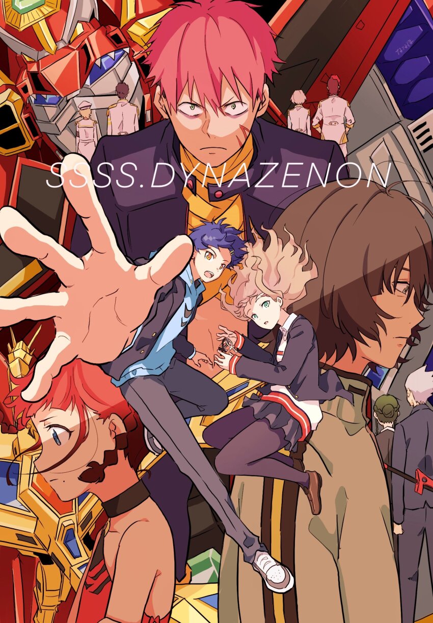 4girls 6+boys anosillus_ii anti_(ssss.gridman) asanaka_yomogi asukagawa_chise bare_shoulders black_hair blonde_hair blue_eyes blue_hair braid brown_hair commentary_request copyright_name dark-skinned_male dark_skin dynazenon_(character) gauma goldburn green_eyes grey_hair gridman_universe hair_ornament hairclip highres hood hoodie jacket juuga long_hair long_sleeves looking_at_viewer mecha minami_yume mujina multiple_boys multiple_girls nanay0n_74 onija open_mouth red_hair robot scar school_uniform shirt short_hair sizumu skirt ssss.dynazenon super_robot twin_braids wings yamanaka_koyomi yellow_eyes
